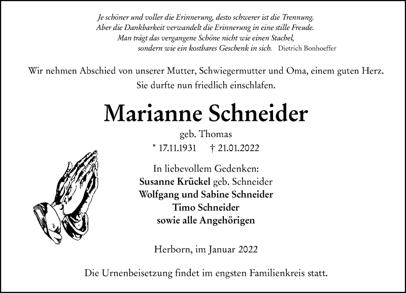  Traueranzeige für Marianne Schneider vom 27.01.2022 aus Dill Block
