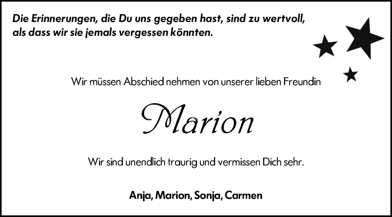  Traueranzeige für Marion  vom 19.01.2022 aus Hinterländer Anzeiger