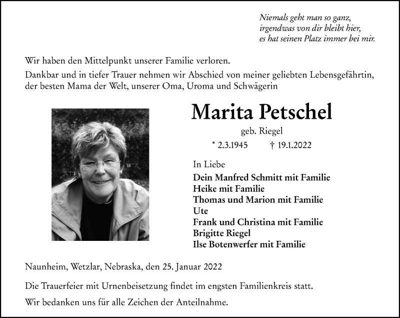  Traueranzeige für Marita Petschel vom 25.01.2022 aus Wetzlarer Neue Zeitung