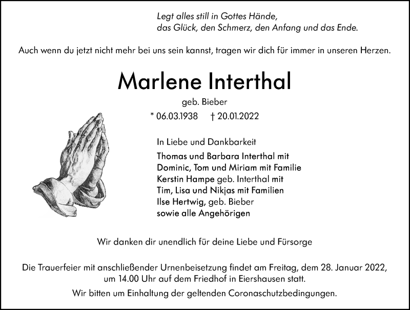  Traueranzeige für Marlene Interthal vom 25.01.2022 aus Dill Block