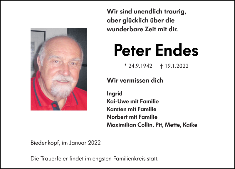  Traueranzeige für Peter Endes vom 28.01.2022 aus Hinterländer Anzeiger