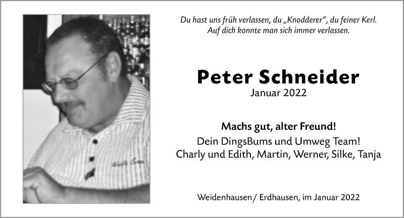  Traueranzeige für Peter Schneider vom 19.01.2022 aus Hinterländer Anzeiger