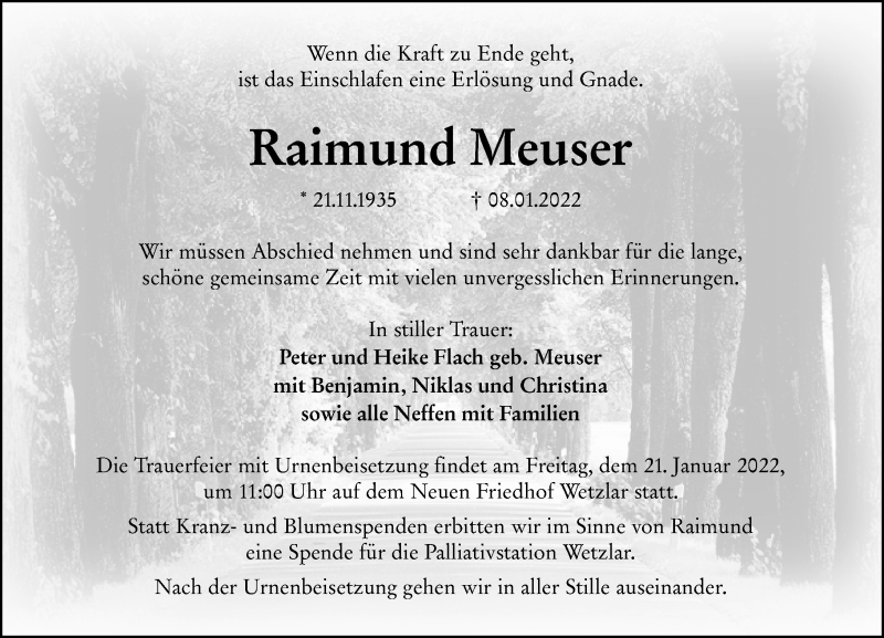  Traueranzeige für Raimund Meuser vom 15.01.2022 aus Wetzlarer Neue Zeitung