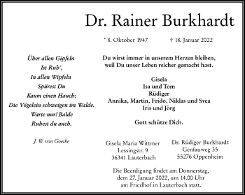 Traueranzeige von Rainer Burkhardt von Lauterbacher Anzeiger