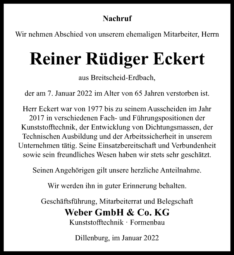  Traueranzeige für Reiner Rüdiger Eckert vom 19.01.2022 aus Dill Block