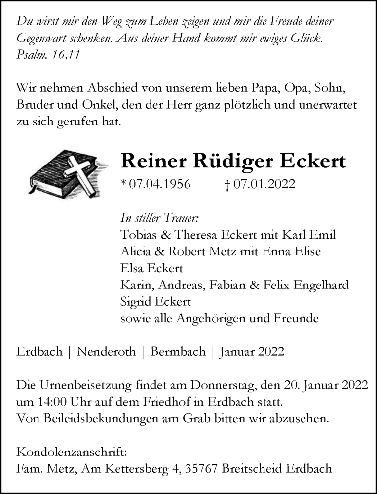  Traueranzeige für Reiner Rüdiger Eckert vom 18.01.2022 aus Dill Block