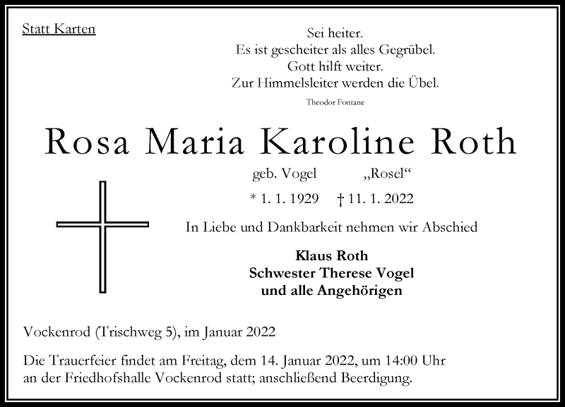 Traueranzeige für Rosa Maria Karoline Roth vom 13.01.2022 aus Oberhessische Zeitung
