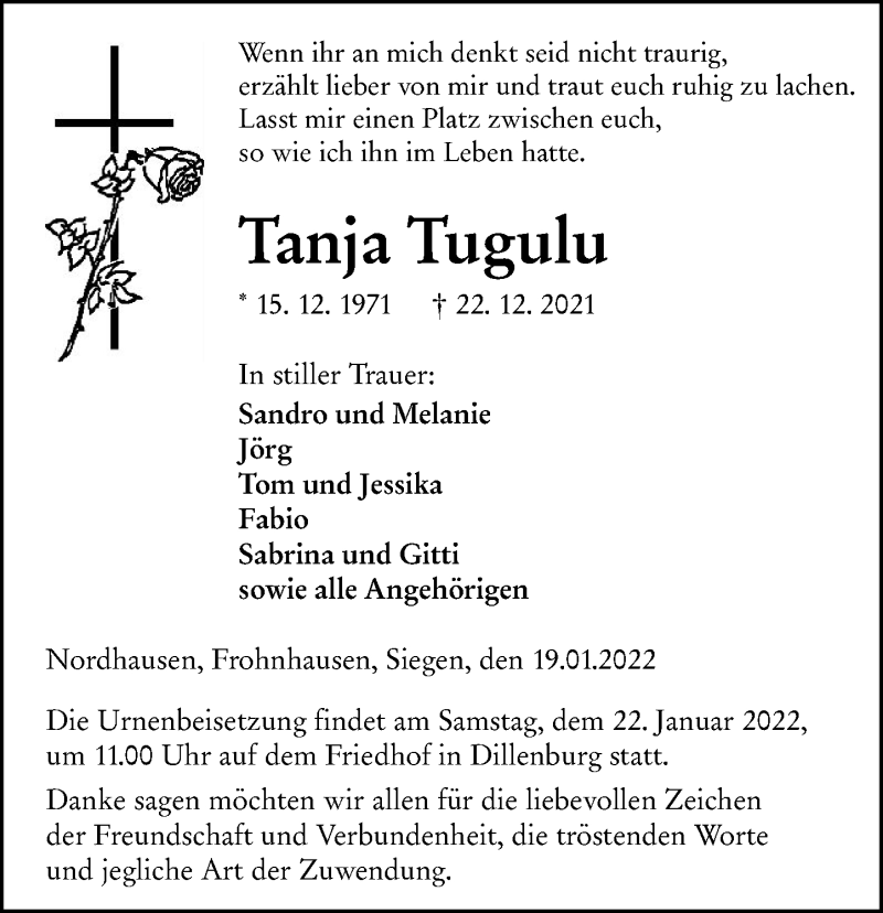  Traueranzeige für Tanja Tugulu vom 19.01.2022 aus Dill Block