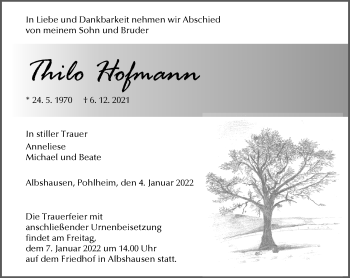 Traueranzeige von Thilo Hofmann von Wetzlarer Neue Zeitung
