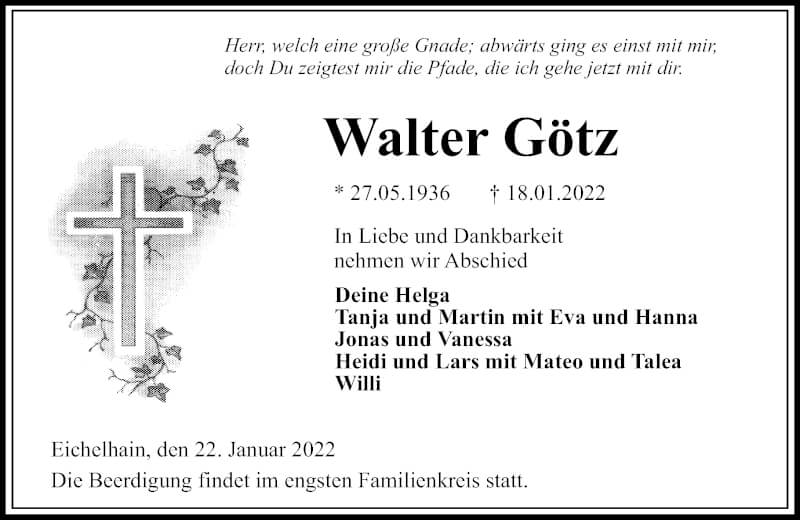  Traueranzeige für Walter Götz vom 22.01.2022 aus Lauterbacher Anzeiger