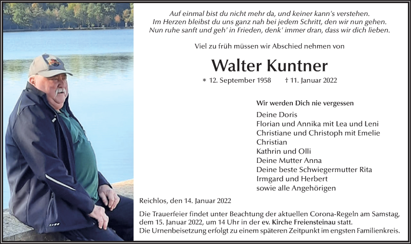  Traueranzeige für Walter Kuntner vom 14.01.2022 aus Lauterbacher Anzeiger