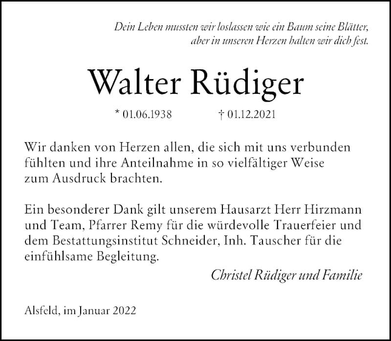  Traueranzeige für Walter Rüdiger vom 22.01.2022 aus Oberhessische Zeitung
