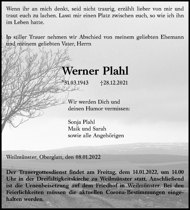  Traueranzeige für Werner Plahl vom 08.01.2022 aus Weilburger Tageblatt