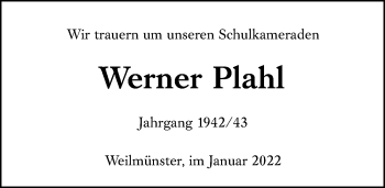 Traueranzeige von Werner Plahl von Weilburger Tageblatt