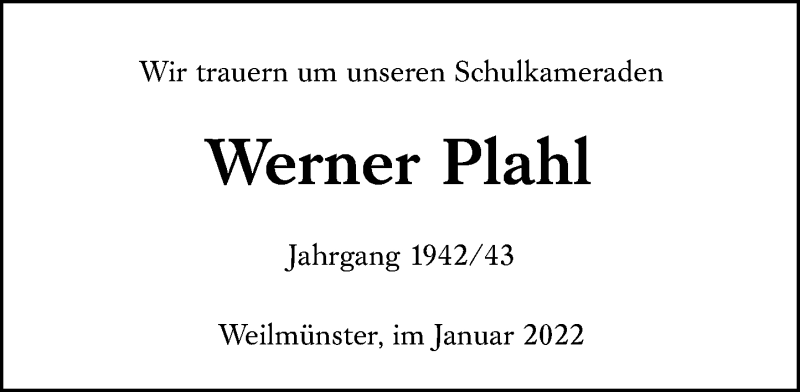  Traueranzeige für Werner Plahl vom 14.01.2022 aus Weilburger Tageblatt
