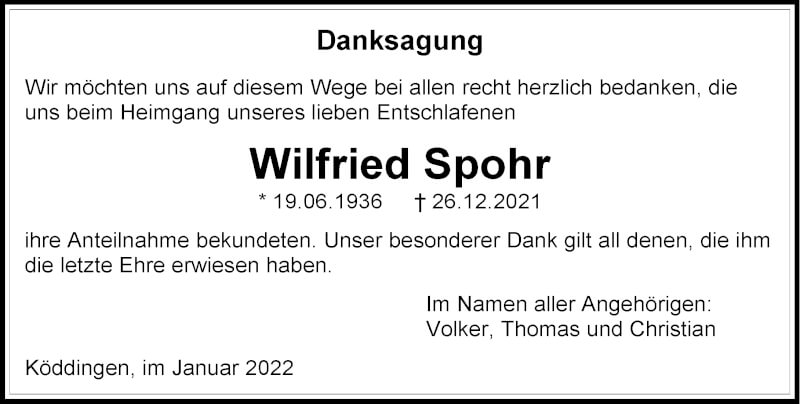  Traueranzeige für Wilfried Spohr vom 22.01.2022 aus 948 OK Oberhessen Kurier