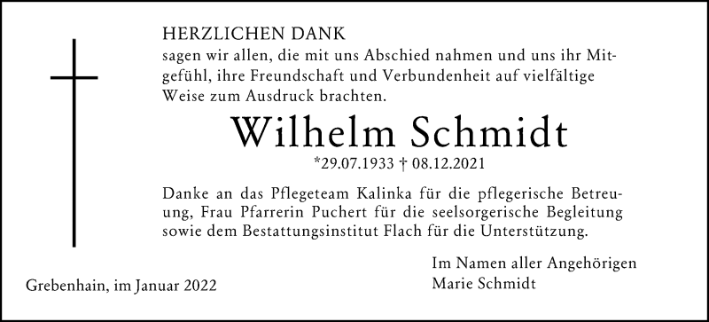  Traueranzeige für Wilhelm Schmidt vom 29.01.2022 aus 948 OK Oberhessen Kurier