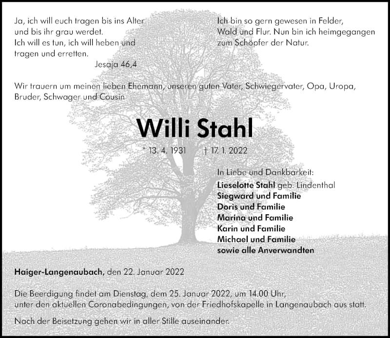  Traueranzeige für Willi Stahl vom 22.01.2022 aus Dill Block