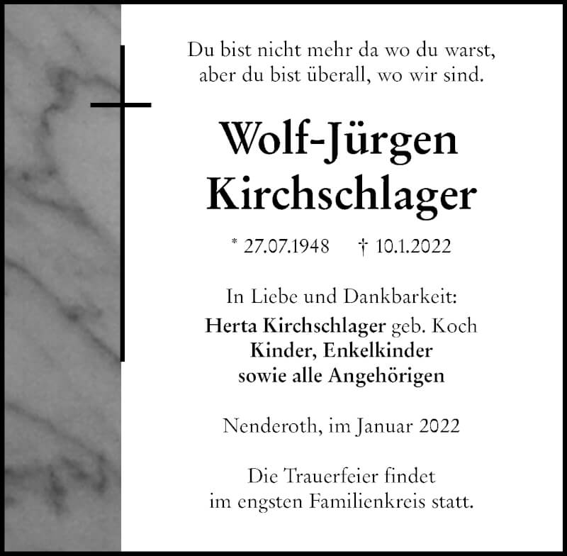  Traueranzeige für Wolf-Jürgen Kirchschlager vom 24.01.2022 aus Weilburger Tageblatt