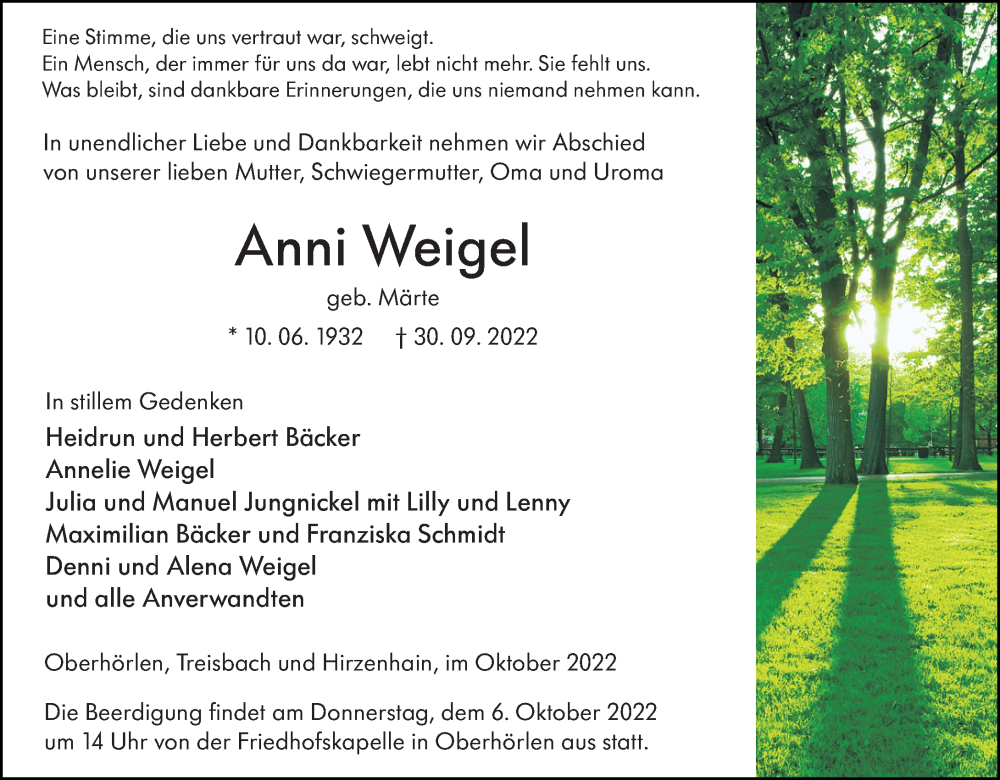 Traueranzeige für Anni Weigel vom 04.10.2022 aus Hinterländer Anzeiger