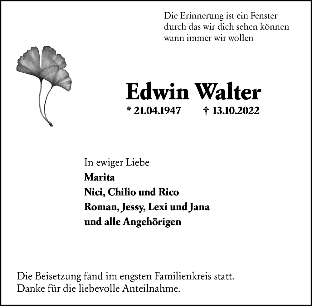  Traueranzeige für Edwin Walter vom 22.10.2022 aus Wetzlarer Neue Zeitung