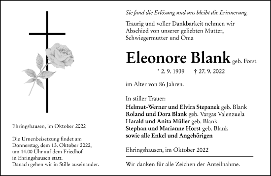 Traueranzeige von Eleonore Blank von Wetzlarer Neue Zeitung