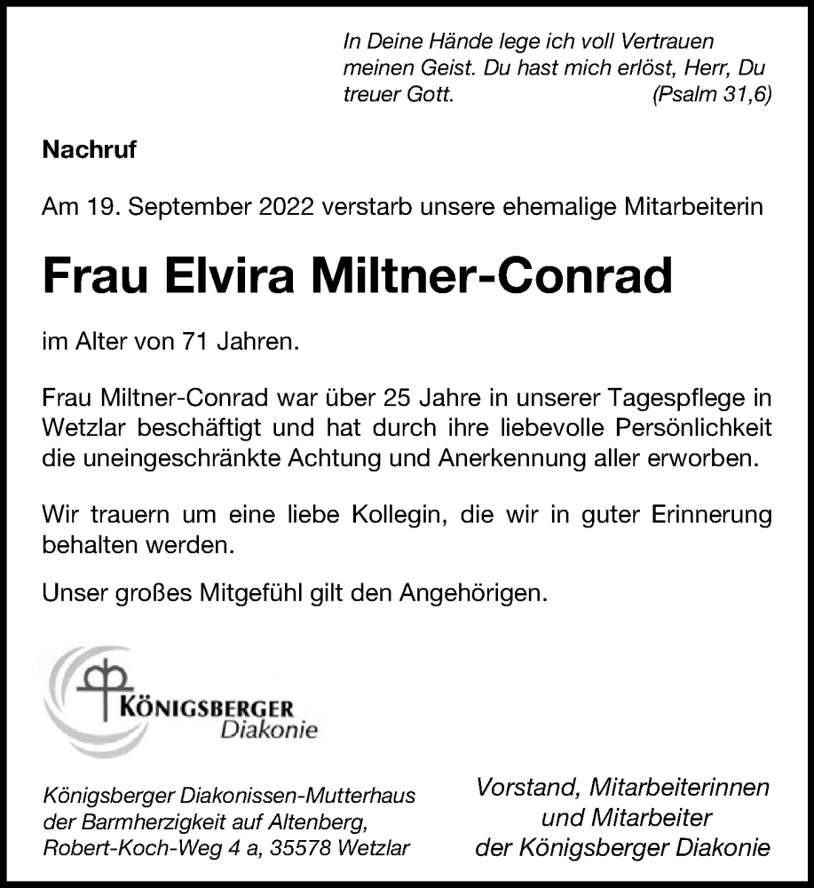  Traueranzeige für Elvira Miltner-Conrad vom 06.10.2022 aus Wetzlarer Neue Zeitung