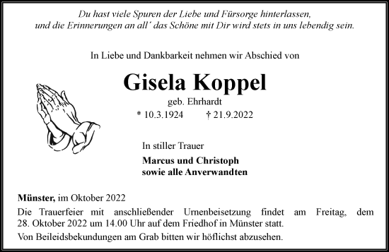 Traueranzeige von Gisela Koppel von Weilburger Tageblatt