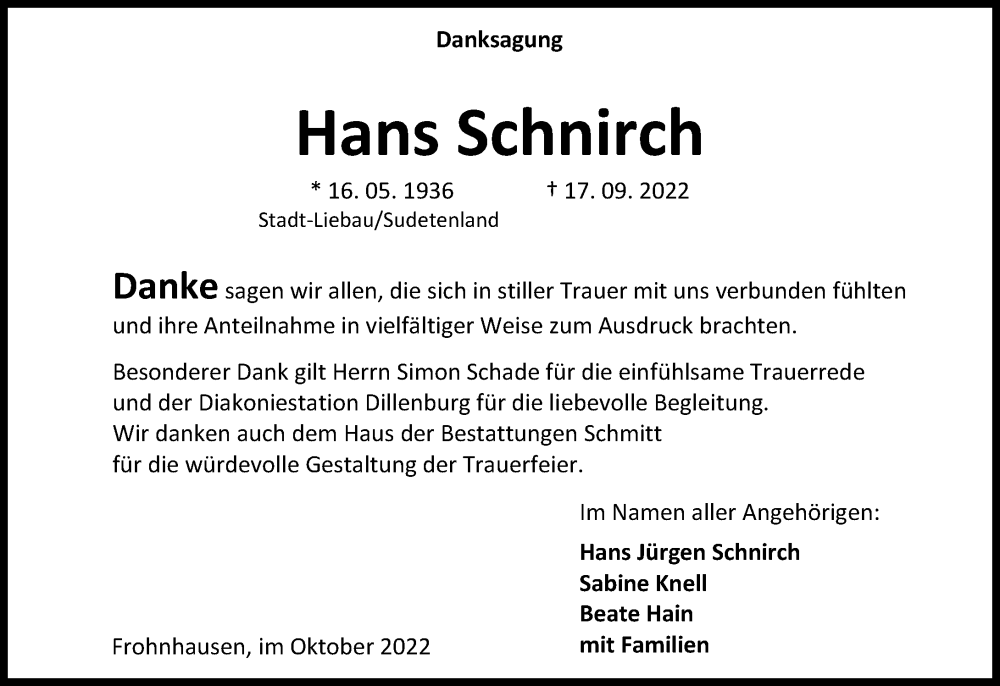  Traueranzeige für Hans Schnirch vom 29.10.2022 aus Dill Block