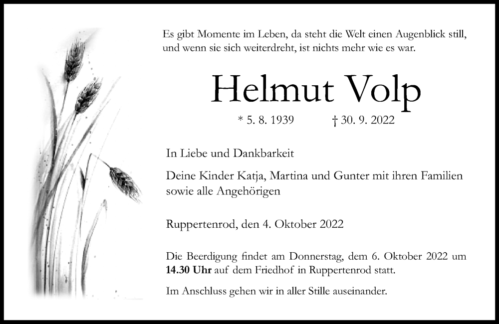  Traueranzeige für Helmut Volp vom 04.10.2022 aus Oberhessische Zeitung