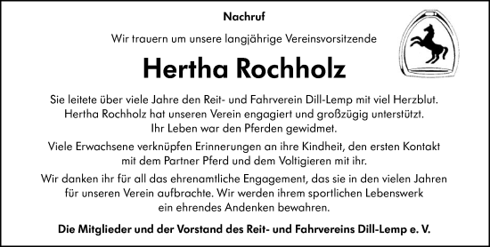 Traueranzeige von Hertha Rochholz von Wetzlarer Neue Zeitung