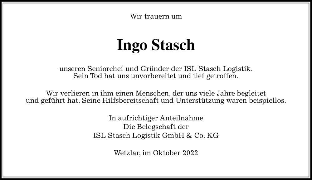  Traueranzeige für Ingo Stasch vom 19.10.2022 aus Wetzlarer Neue Zeitung