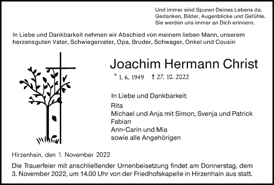 Traueranzeige von Joachim Hermann Christ von Dill Block