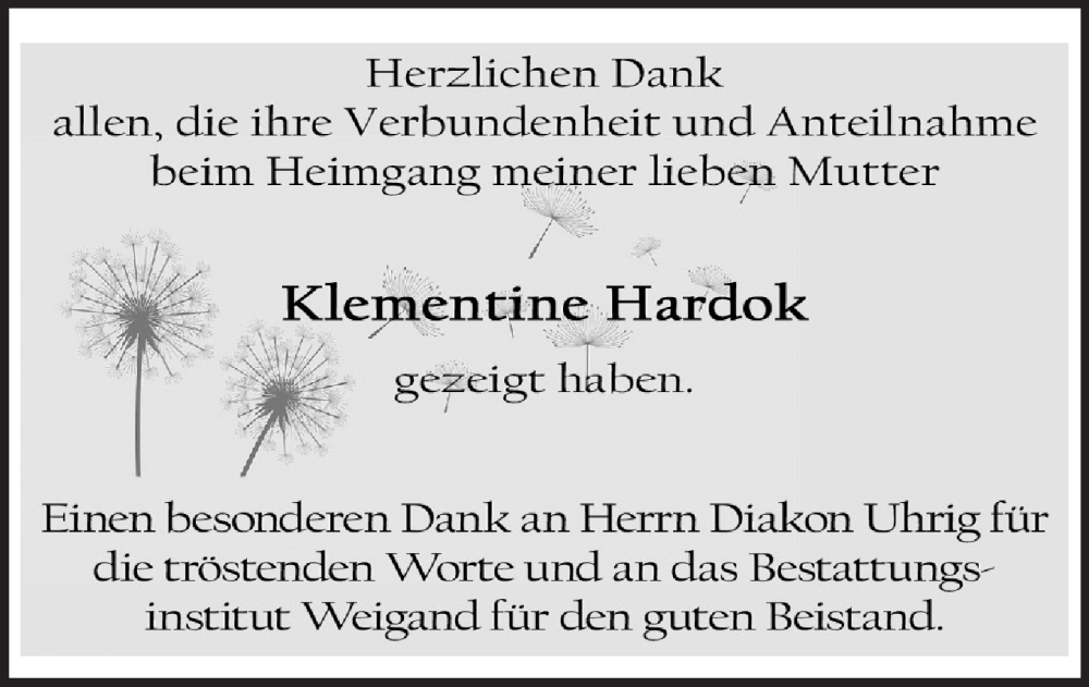  Traueranzeige für Klementine Hardok vom 22.10.2022 aus Hinterländer Anzeiger