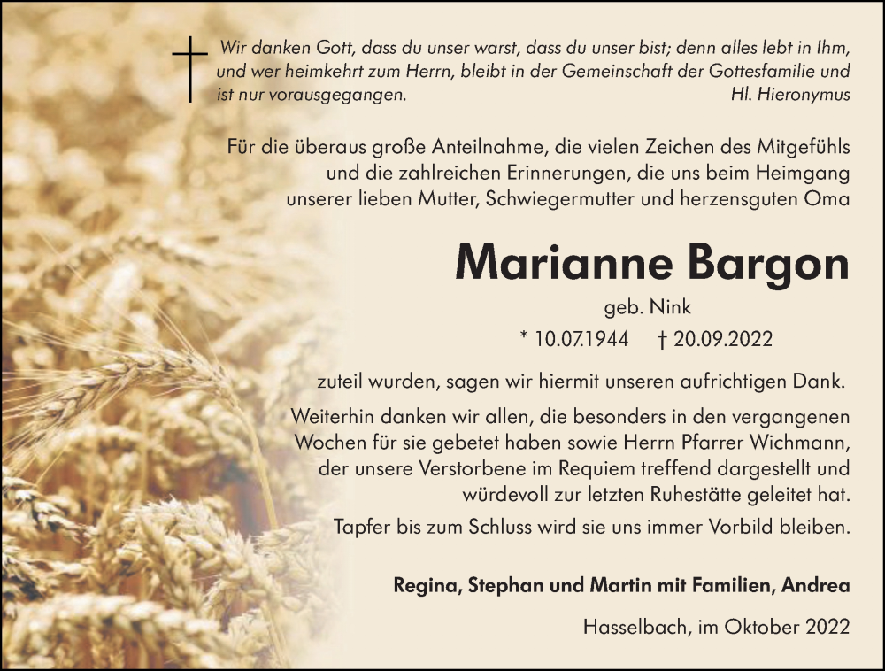  Traueranzeige für Marianne Bargon vom 20.10.2022 aus Camberger Anzeiger