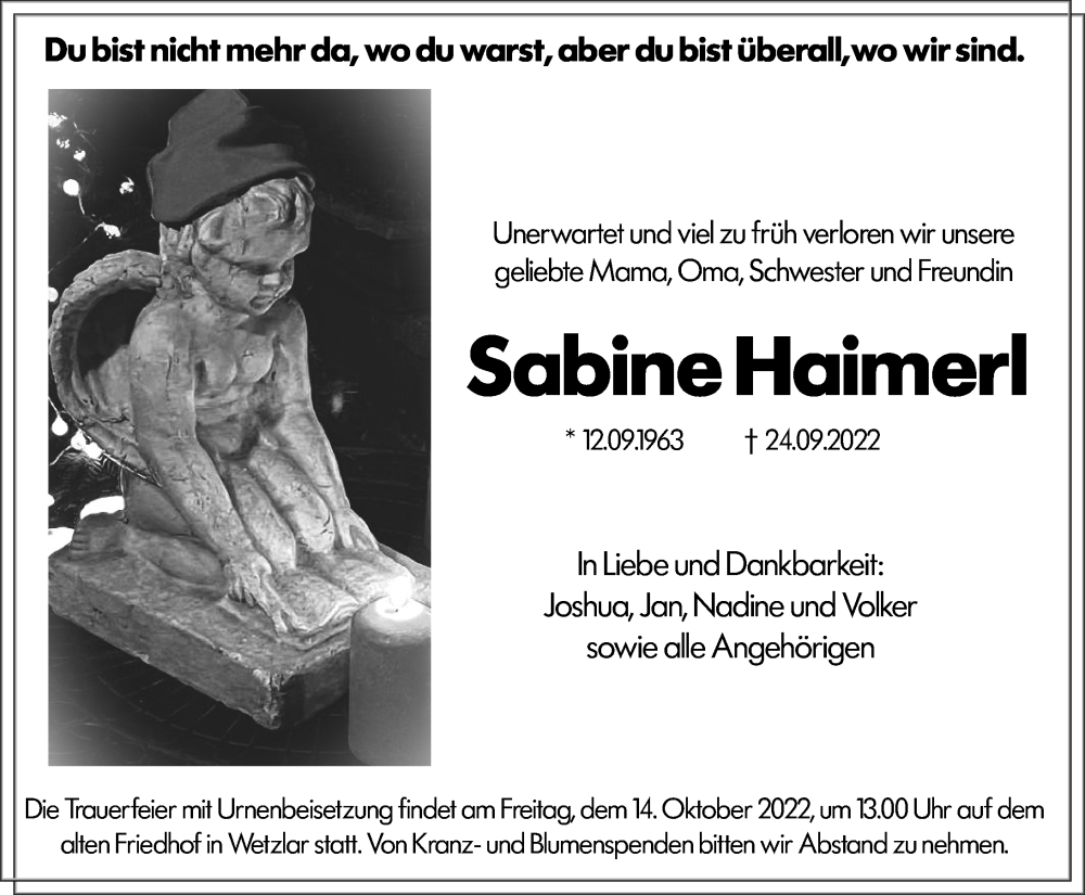  Traueranzeige für Sabine Haimerl vom 08.10.2022 aus Wetzlarer Neue Zeitung