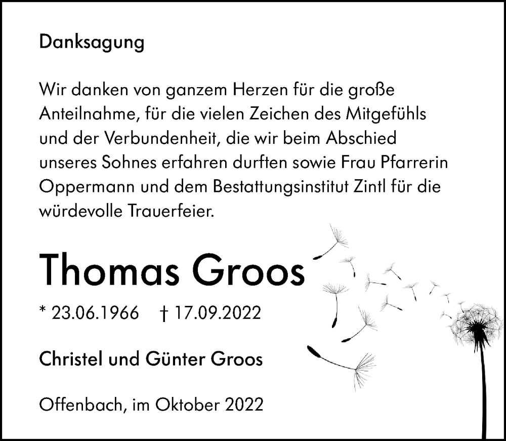  Traueranzeige für Thomas Groos vom 22.10.2022 aus Dill Block