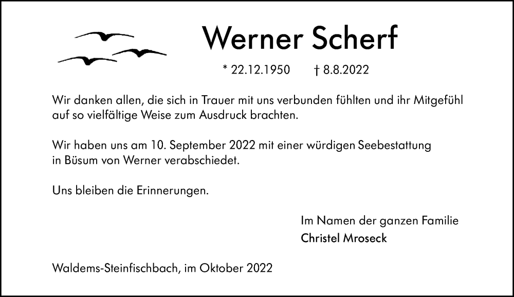  Traueranzeige für Werner Scherf vom 13.10.2022 aus Camberger Anzeiger