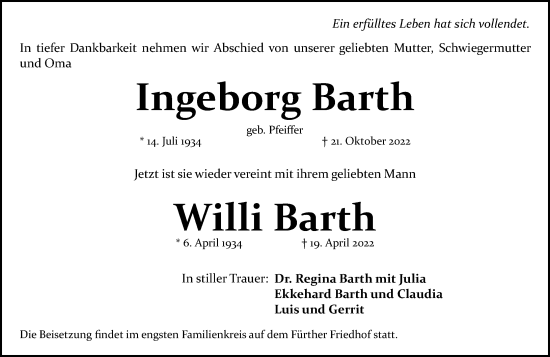 Traueranzeige von Willi Barth von Hinterländer Anzeiger