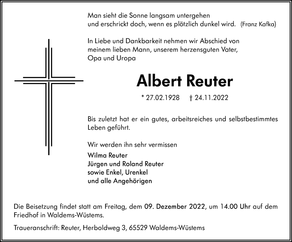 Traueranzeige für Albert Reuter vom 01.12.2022 aus Camberger Anzeiger