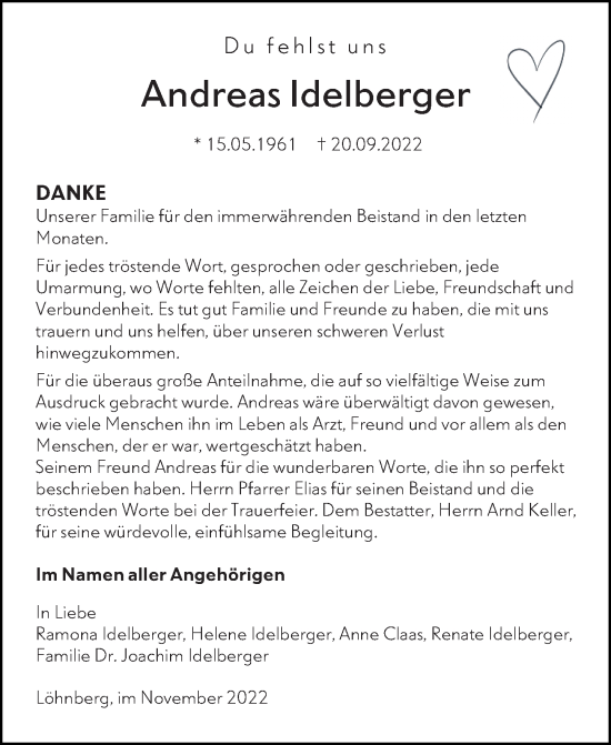 Traueranzeige von Andreas Idelberger von Weilburger Tageblatt