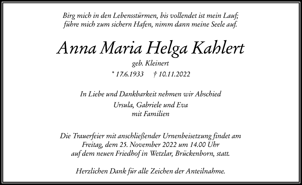  Traueranzeige für Anna Maria Helga Kahlen vom 19.11.2022 aus Wetzlarer Neue Zeitung