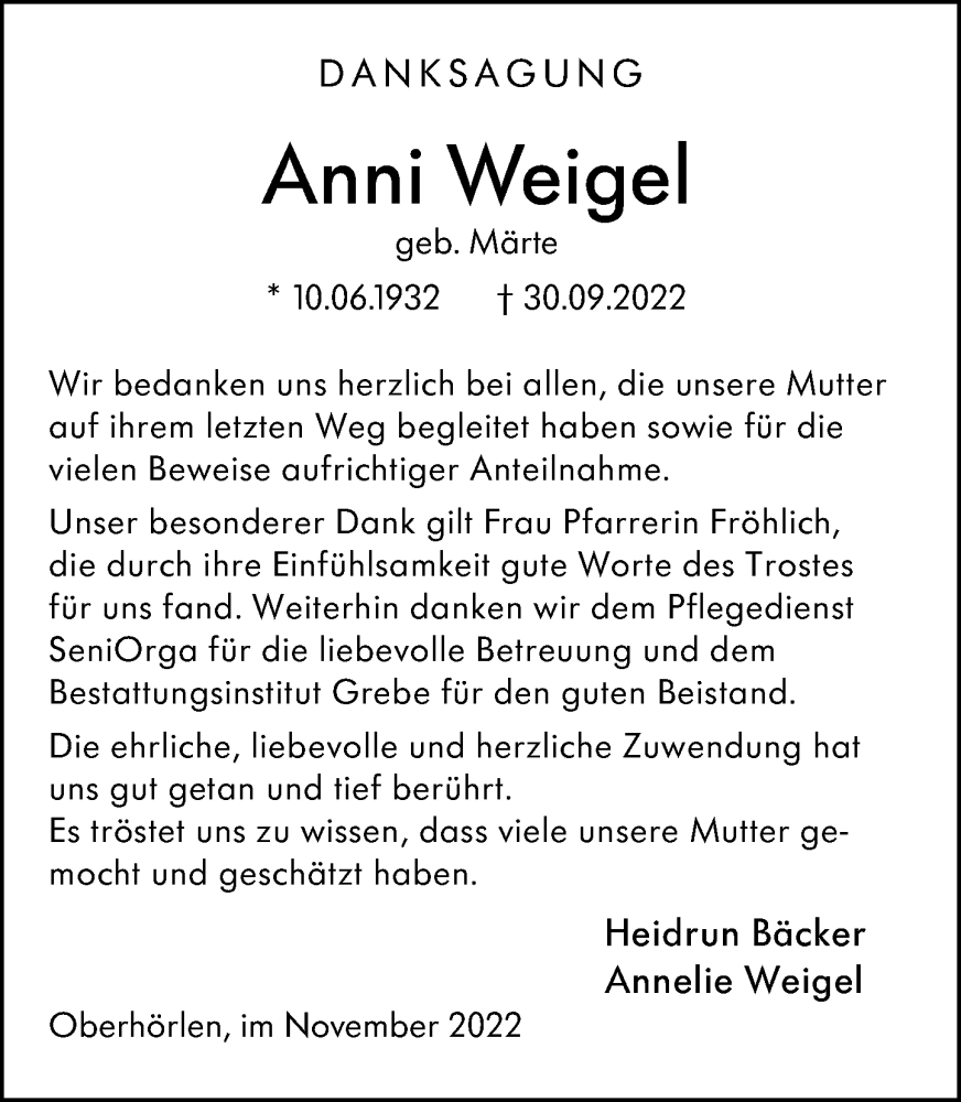  Traueranzeige für Anni Weigel vom 08.11.2022 aus Hinterländer Anzeiger