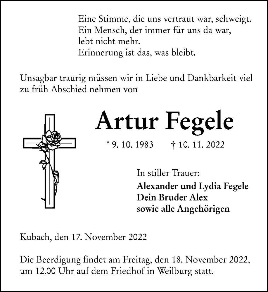  Traueranzeige für Artur Fegele vom 17.11.2022 aus Weilburger Tageblatt