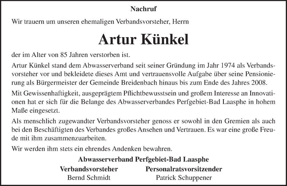  Traueranzeige für Artur Künkel vom 12.11.2022 aus Hinterländer Anzeiger