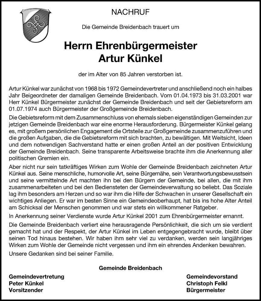  Traueranzeige für Artur Künkel vom 12.11.2022 aus Hinterländer Anzeiger