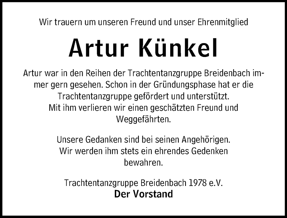  Traueranzeige für Artur Künkel vom 15.11.2022 aus Hinterländer Anzeiger