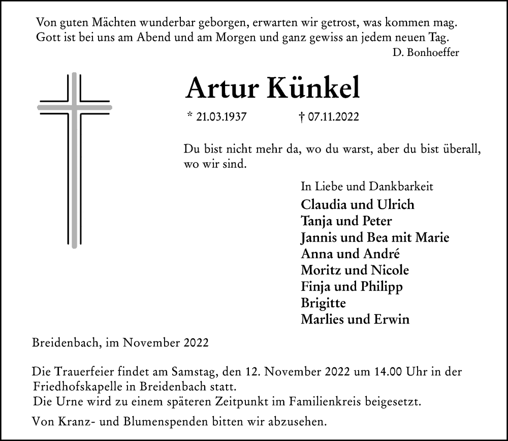  Traueranzeige für Artur Künkel vom 10.11.2022 aus Hinterländer Anzeiger