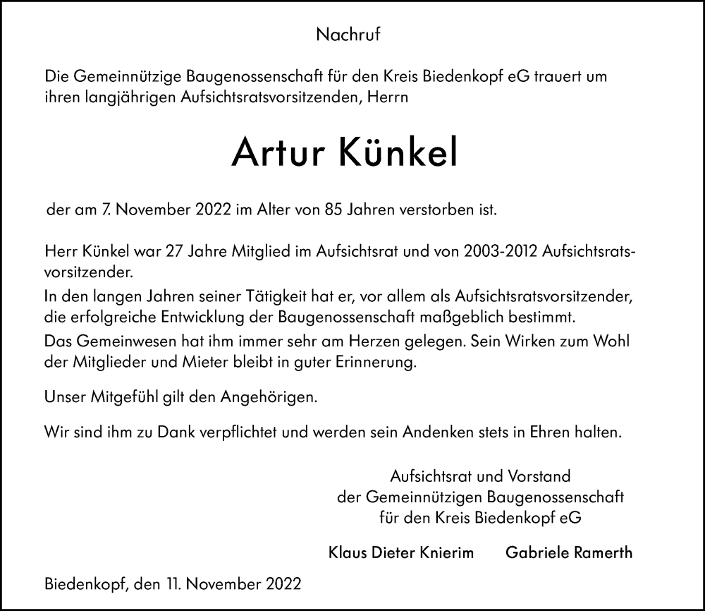  Traueranzeige für Artur Künkel vom 11.11.2022 aus Hinterländer Anzeiger