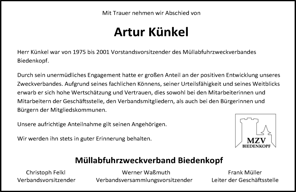  Traueranzeige für Artur Künkel vom 14.11.2022 aus Hinterländer Anzeiger